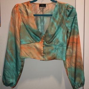 Milk & Honey silky long sleeve button up low cut crop top